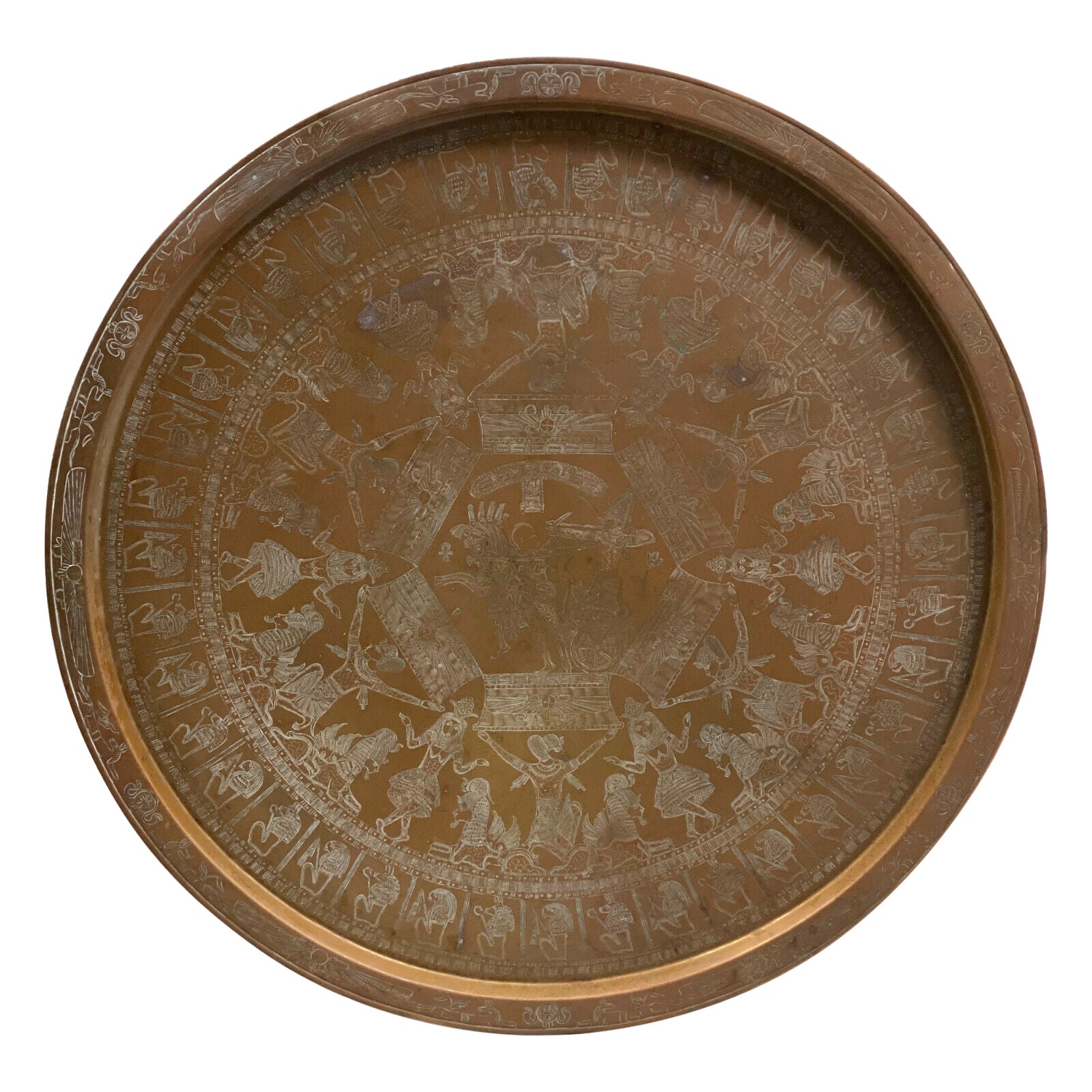 Middle Eastern Egyptian Copper & Enamel Centerpiece Tray Platter, circa 1930