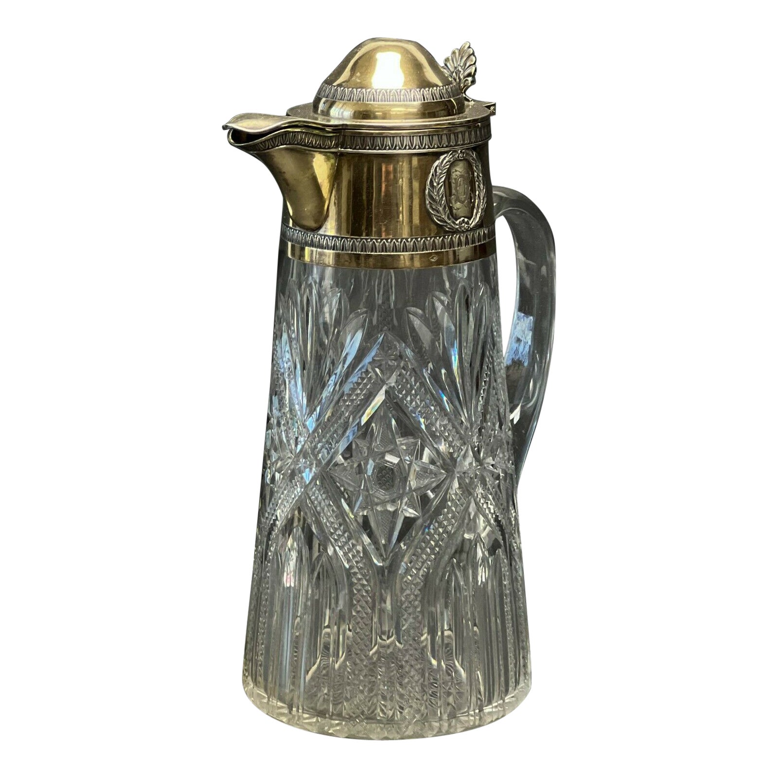 Auguste Leroy & Cie France Gilt 950 Silver Mounted Cut Glass Pitcher, circa 1920 For Sale