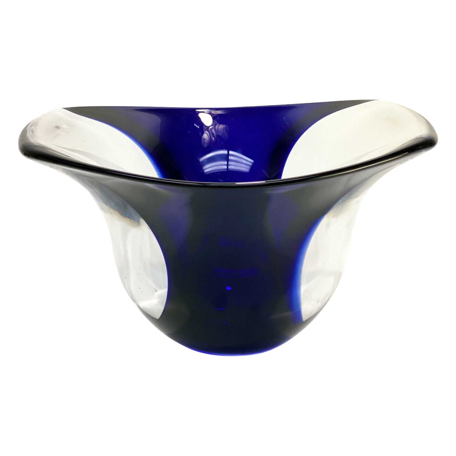 Orrefors Art Glass Cobalt Blue & Clear Bowl by Lars Hellsten, #931620 For Sale
