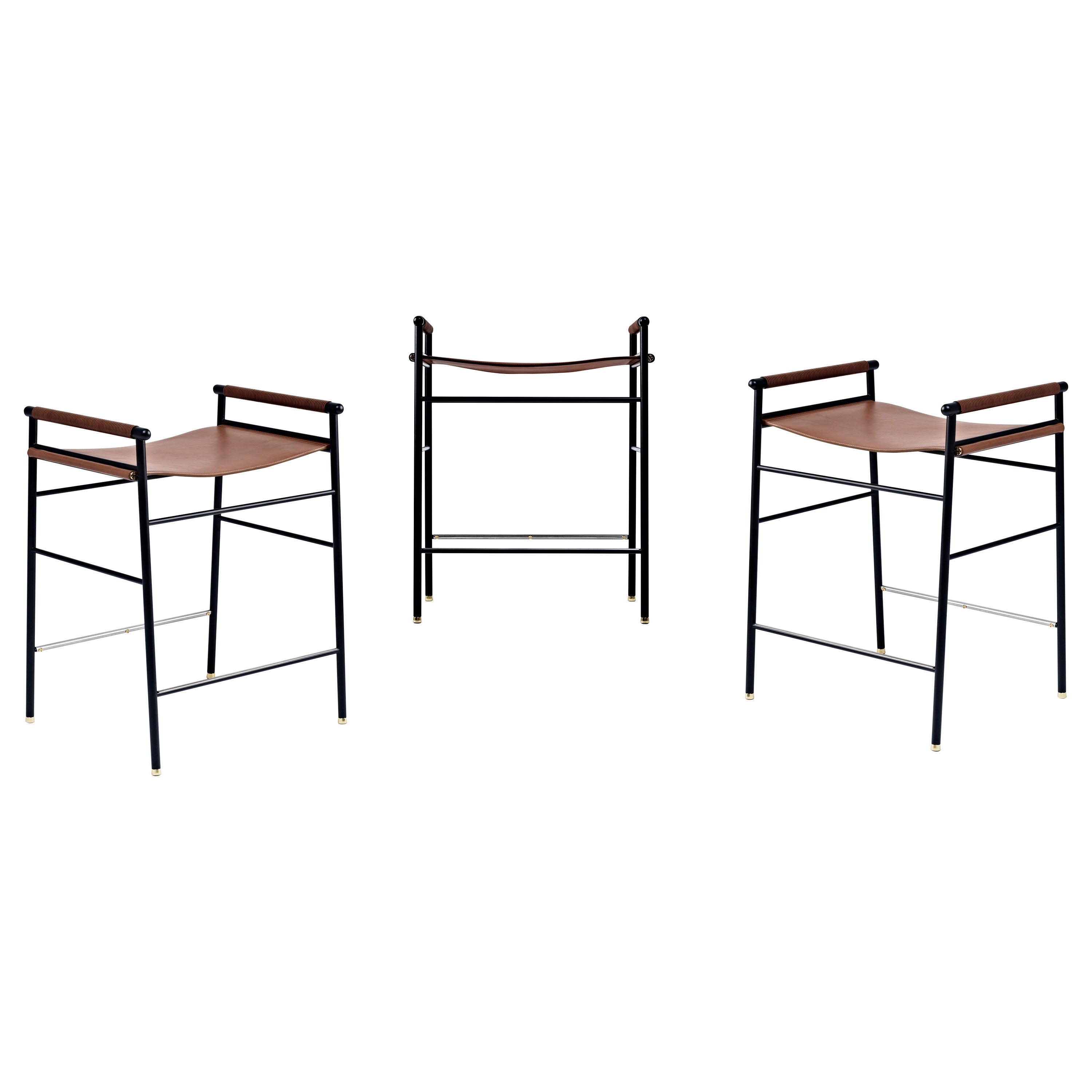 Set of 3 Contemporary Counter Bar Stool Dark Brown Leather & Black Rubber Metal For Sale