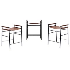 Set of 3 Contemporary Counter Bar Stool Dark Brown Leather & Black Rubber Metal
