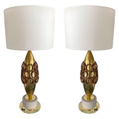 Contemporary Pair of Brass and Wood Rings Lamps, Italy