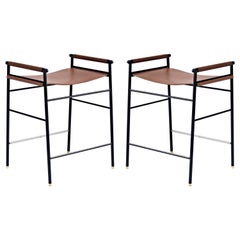 Pair Contemporary Counter Bar Stool, Dark Brown Leather & Black Rubber Metal