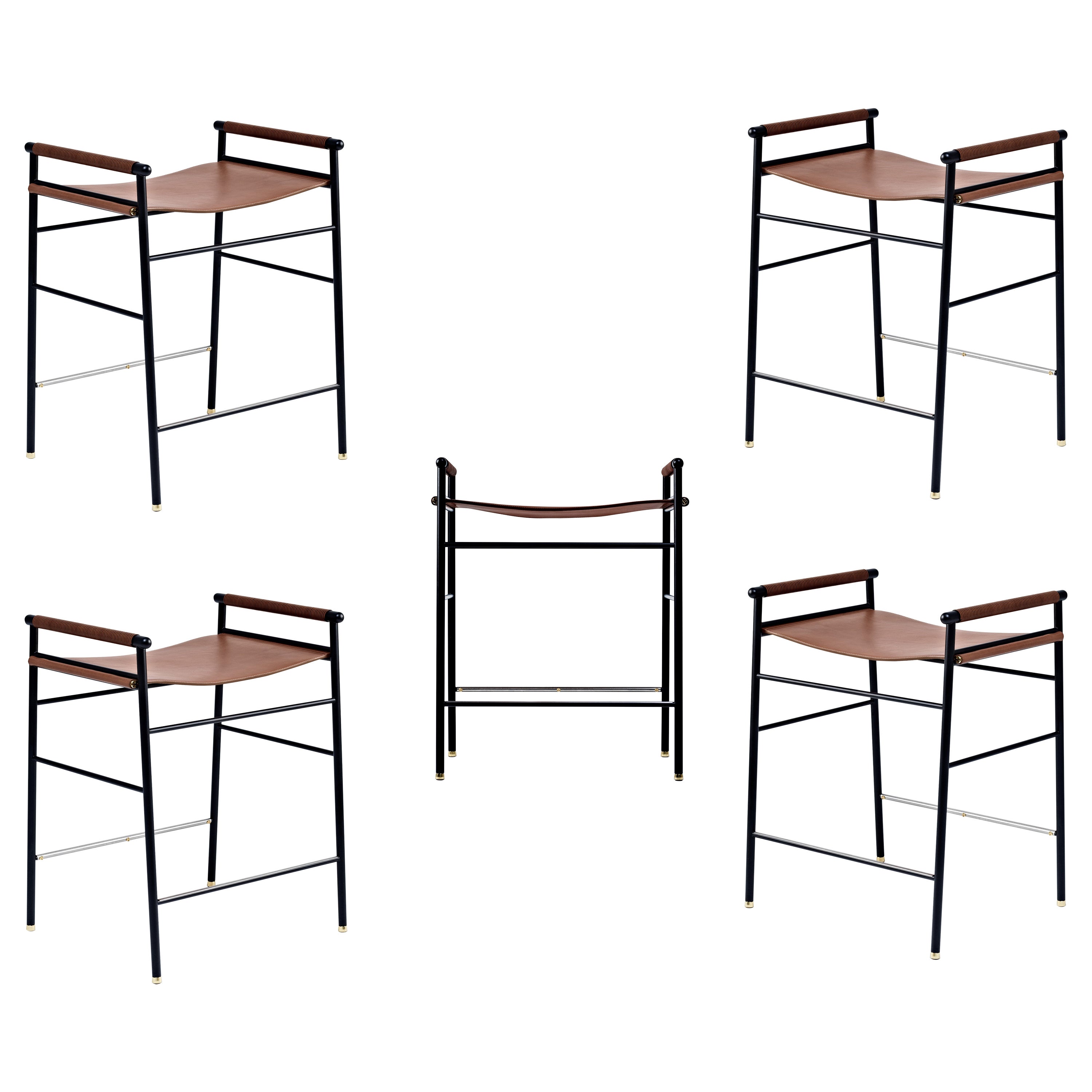 Set of 5 Contemporary Counter Bar Stool Dark Brown Leather Black Rubber Metal  For Sale