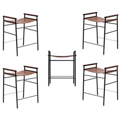 Set of 5 Contemporary Counter Bar Stool Dark Brown Leather Black Rubber Metal 