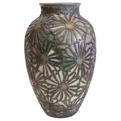 Charming Ceramic Art Nouveau Floral Vase with Pewter Overlay, c1900