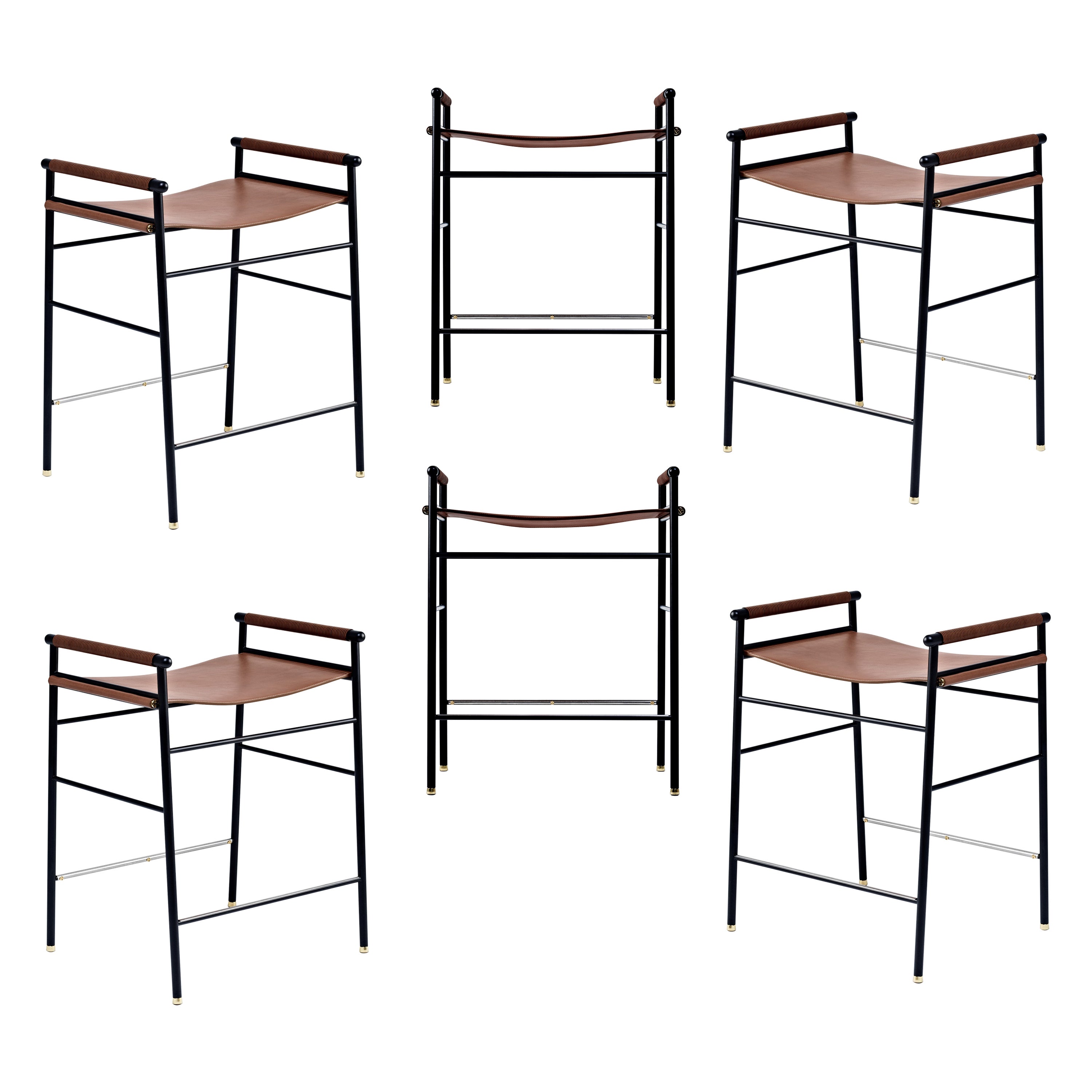 Set of 6Repose Contemporary Counter Stool Dark Brown Saddle Black Rubbered Frame For Sale