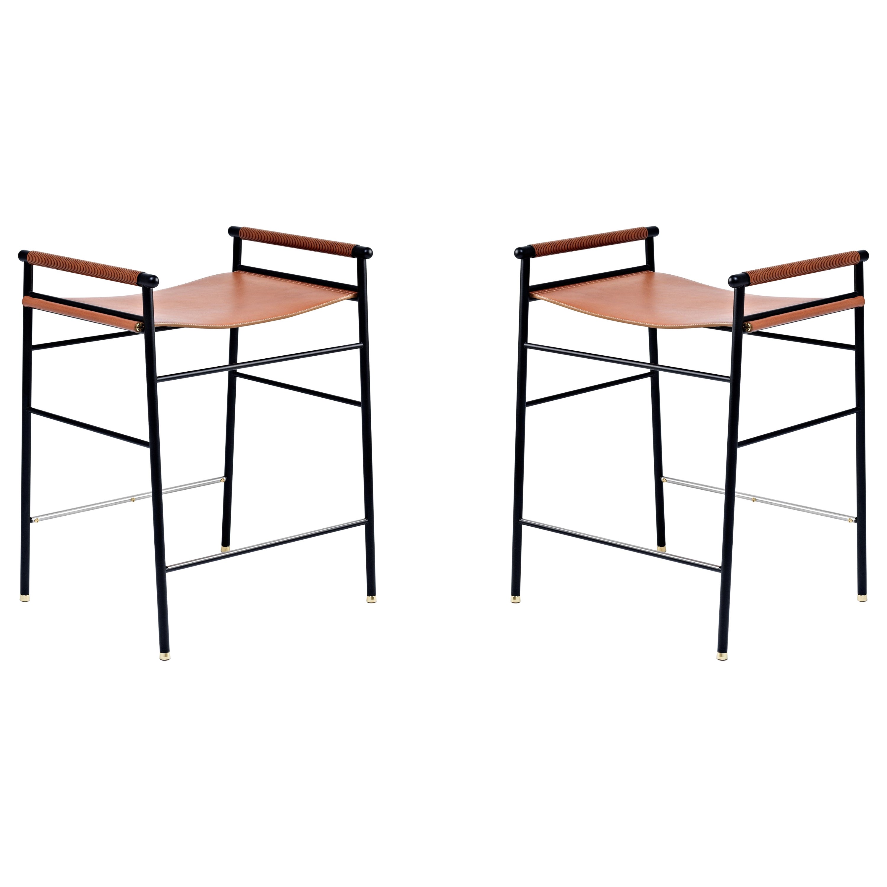 Pair Artisan Contemporary Counter Barstool Natural Leather, Black Rubber Metal