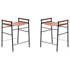 Pair Artisan Contemporary Counter Barstool Natural Leather, Black Rubber Metal