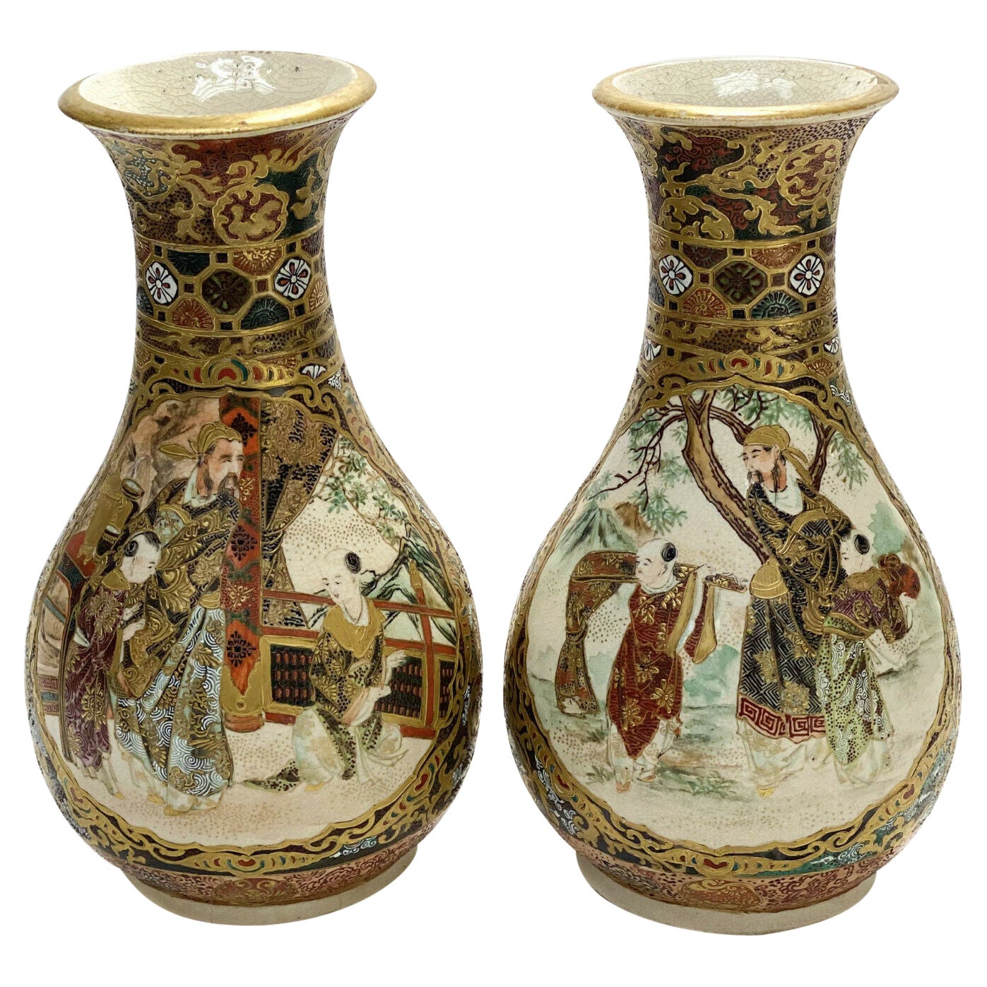 Pair Large Japanese Satsuma Hand Painted Porcelain Vases, Meiji Period