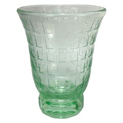 Vintage Daum Nancy France Green Acid Etched Art Glass Footed Vase, Signed