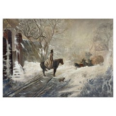 Antique Continental Oil on Canvas Painting Snowing Equestrian Scene, 19th Century