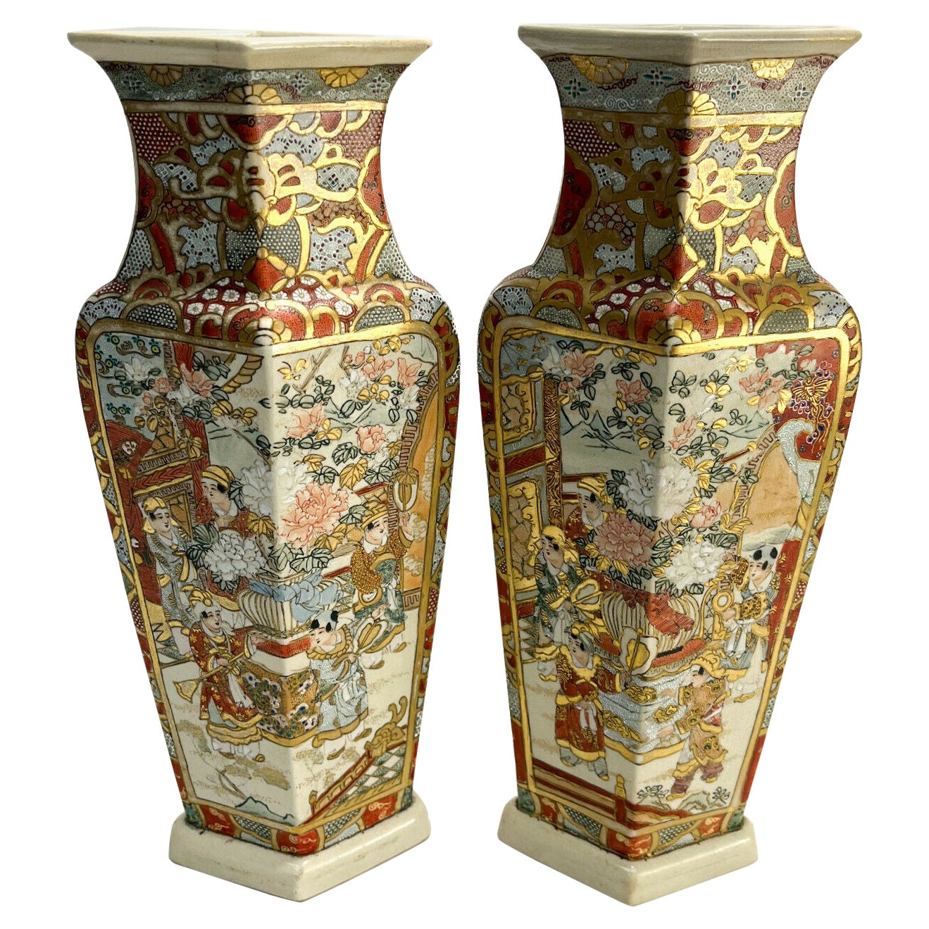 Pair Large Japanese Satsuma Hand Painted Porcelain Vases, Meiji Period