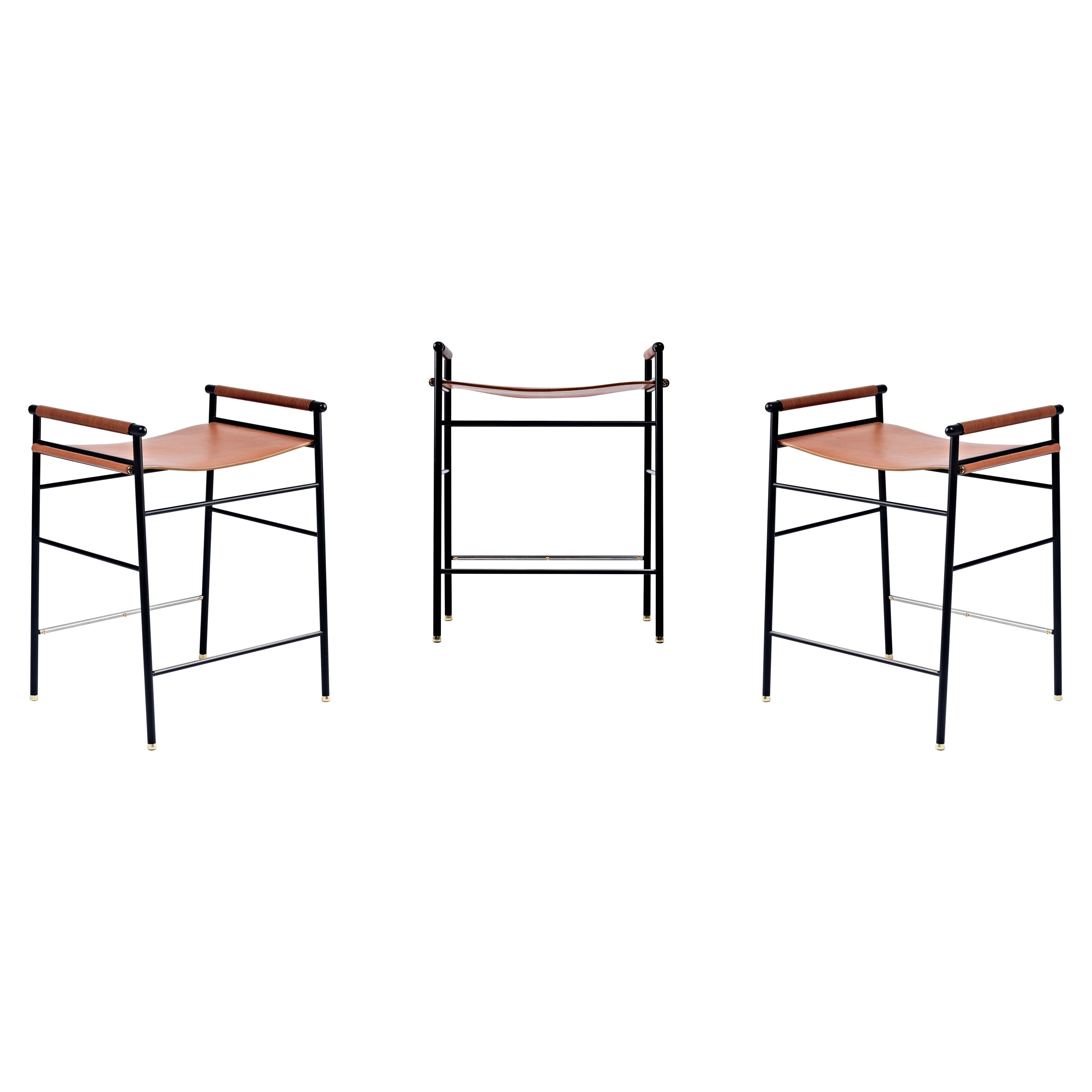 Set of 3 Contemporary Counter Bar Stool Natural Tan Leather Black Rubber Metal