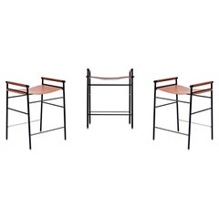 Set of 3 Contemporary Counter Bar Stool Natural Tan Leather Black Rubber Metal
