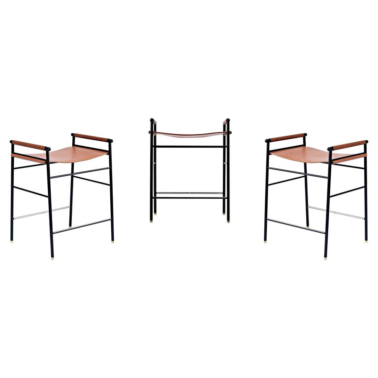 Set of 3 Contemporary Counter Bar Stool Natural Tan Leather Black