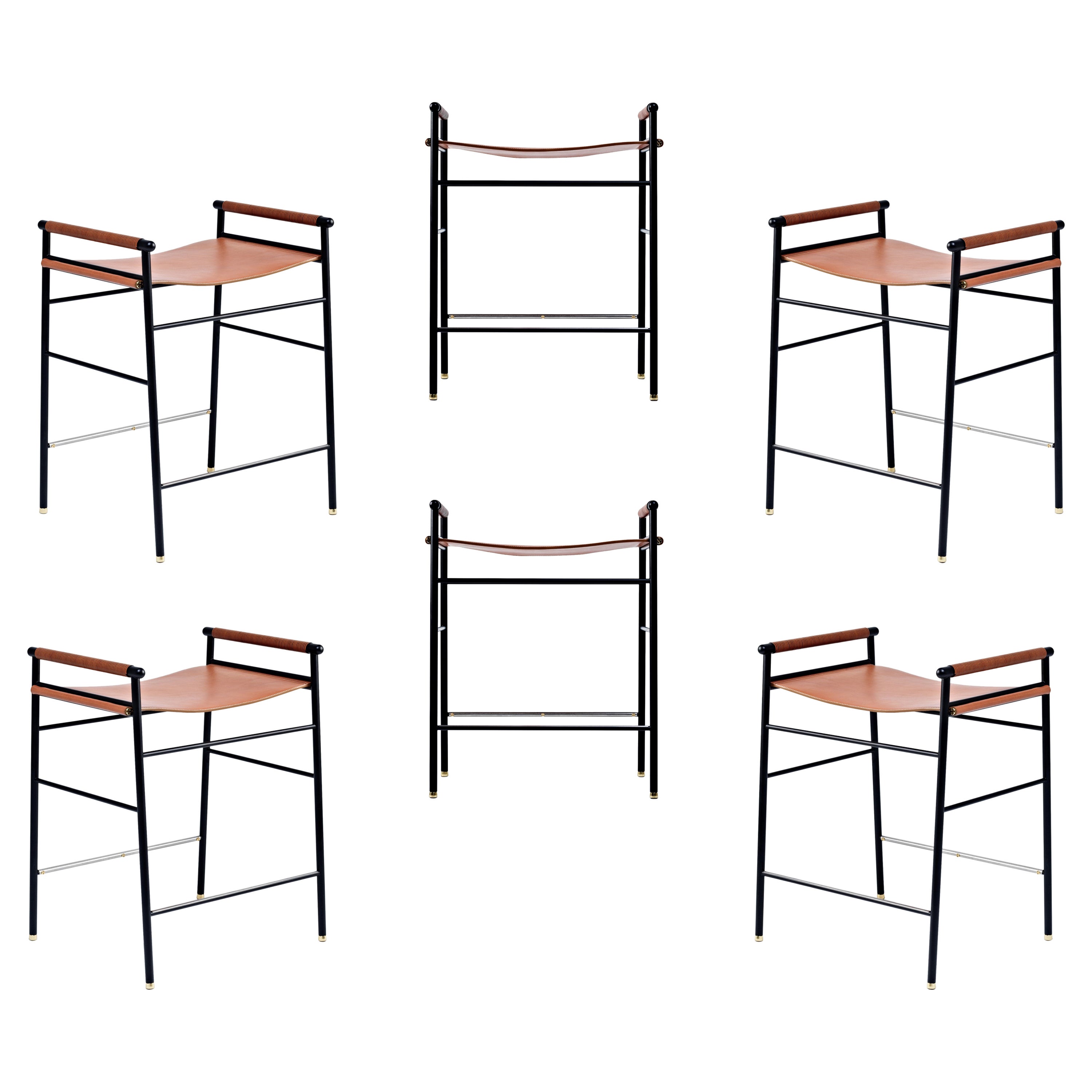 Set of 6 "Repose" Counter Stool Natural Tan Saddle Black Rubbered Frame