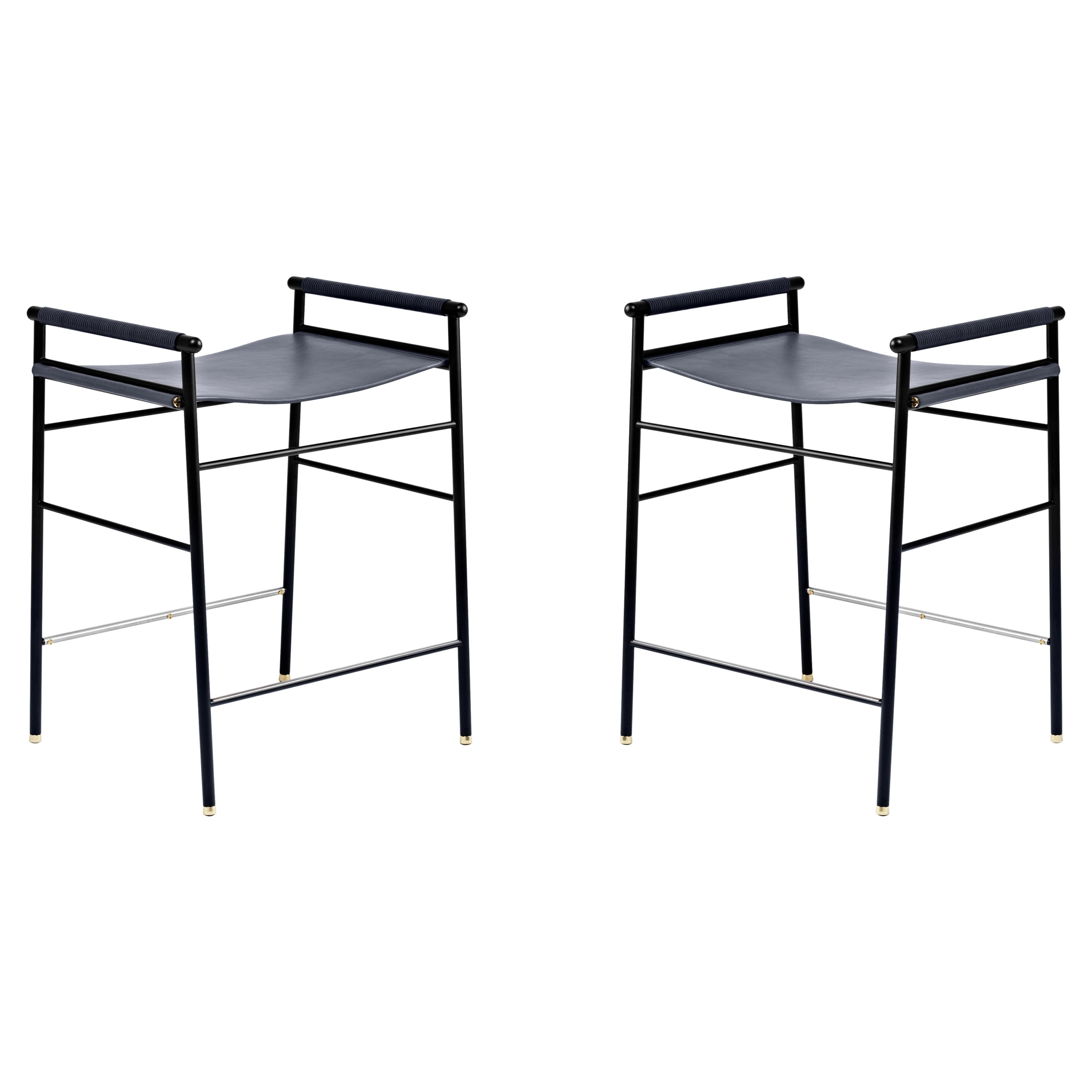 Pair Contemporary Classic Counter Bar Stool Navy Blue Leather Black Rubber Metal