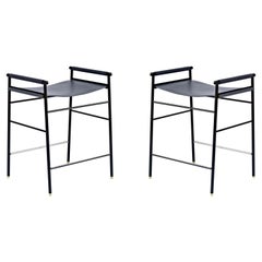 Pair Contemporary Classic Counter Bar Stool Navy Blue Leather Black Rubber Metal