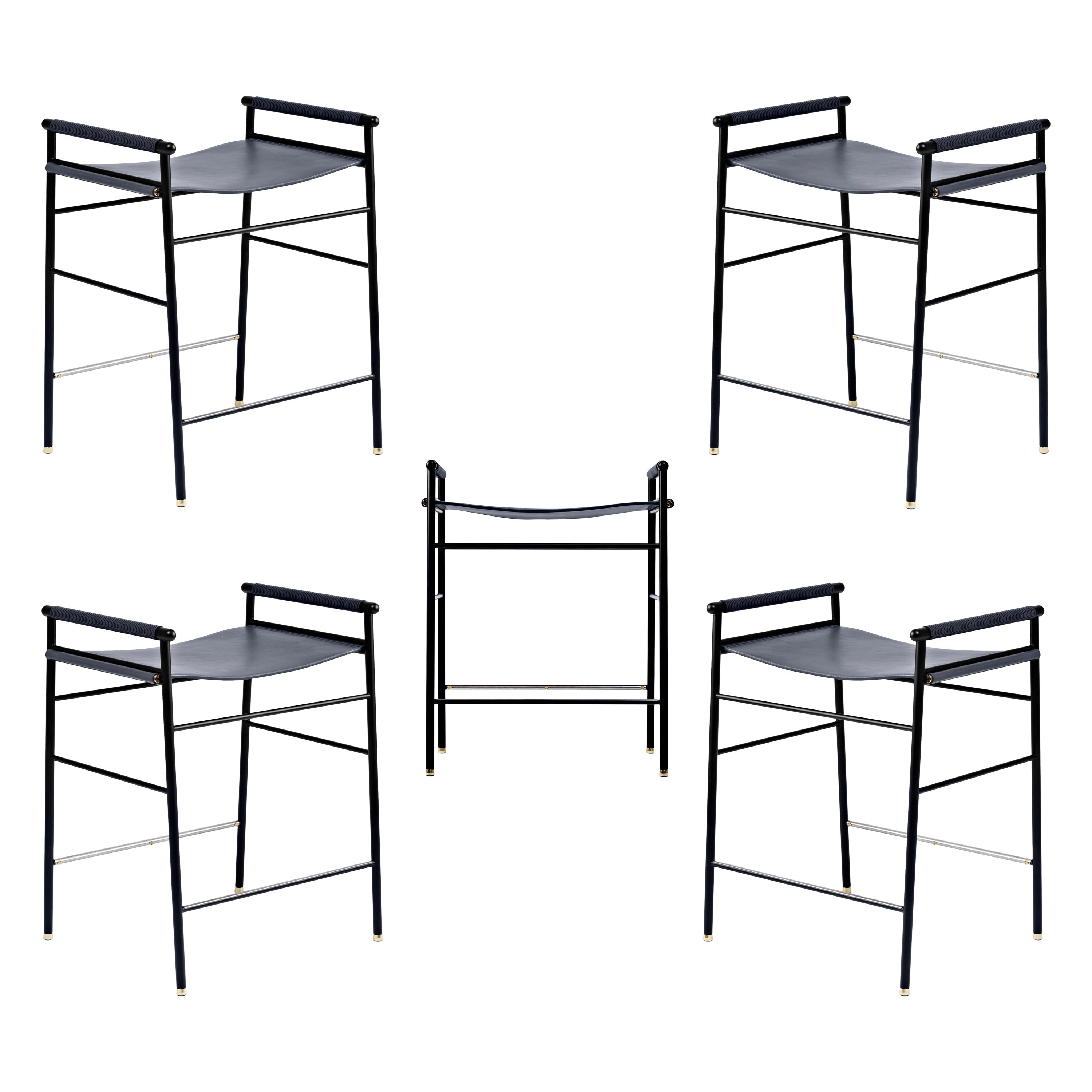 Set of 5 Contemporary Counter Bar Stool Navy Blue Leather Black Rubbered Metal