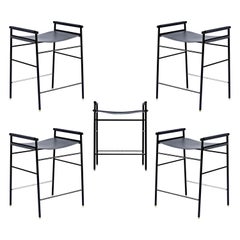 Set of 5 Contemporary Counter Bar Stool Navy Blue Leather Black Rubbered Metal