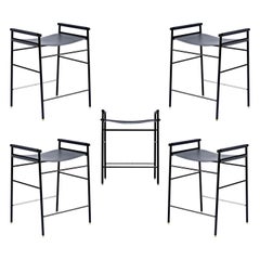 Set of 5 Contemporary Counter Bar Stool Navy Blue Leather Black Rubbered Metal