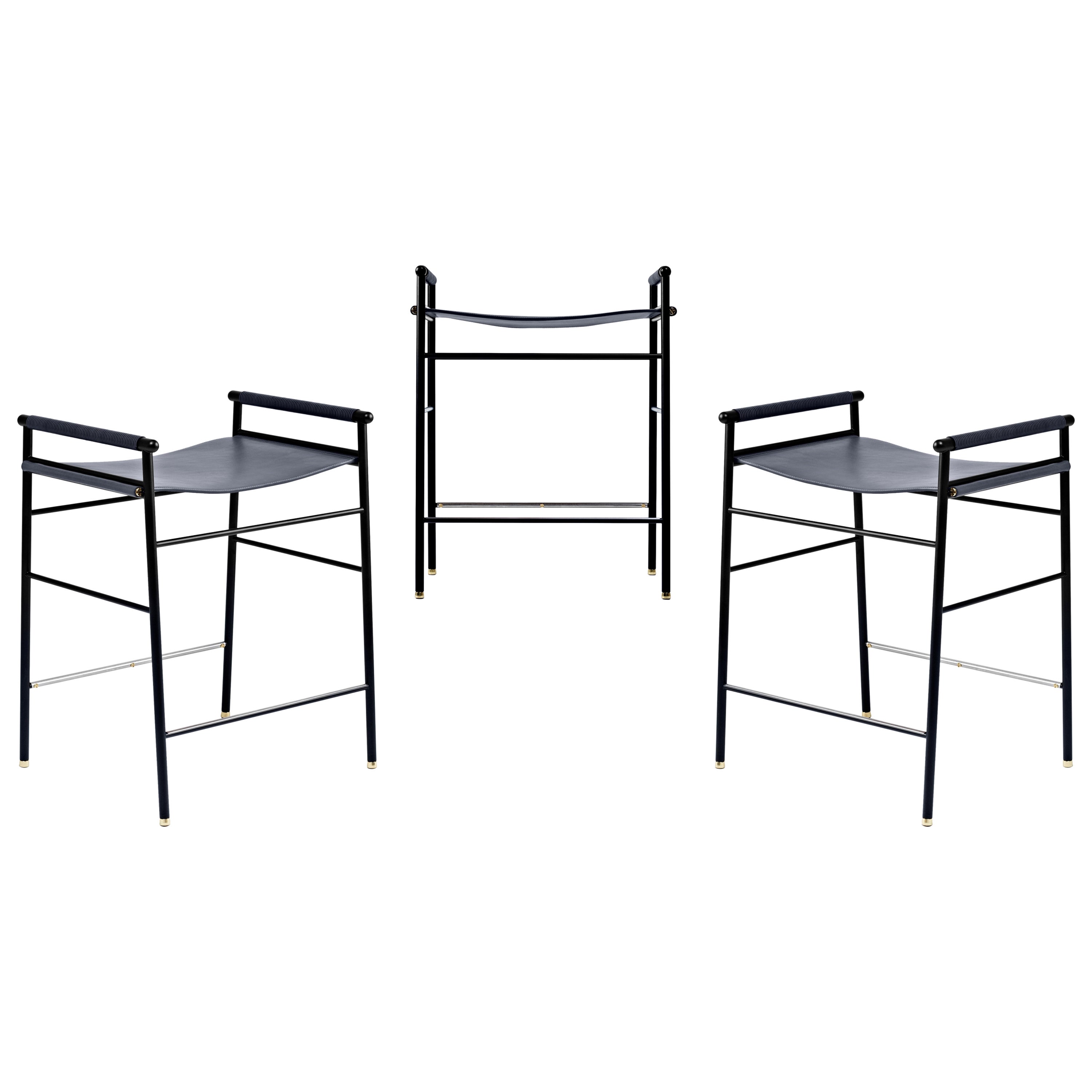 Set of 3 Contemporary Counter Bar Stool Navy Blue Leather Black Rubber Metal