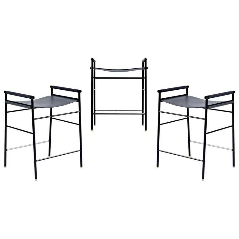 Set of 3 Contemporary Counter Bar Stool Navy Blue Leather Black Rubber