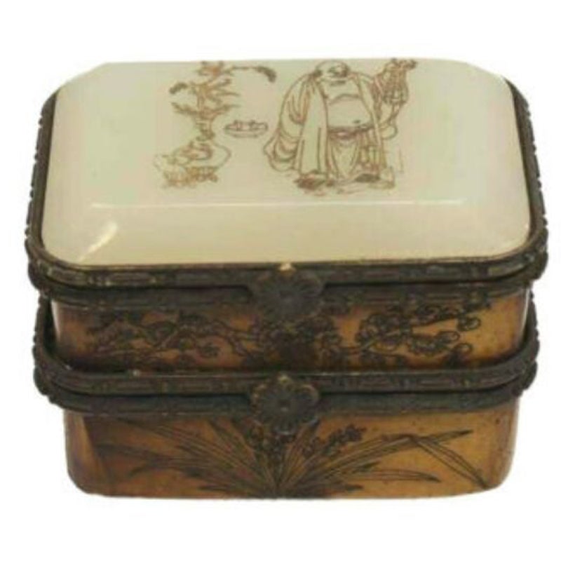 Chinese Carved White Jade Wood and Bronze Double Compartment Trinket Box For Sale