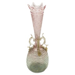 Venetian Pink to Green Art Glass Gold Fleck Quadruple Handled Vase, circa 1930