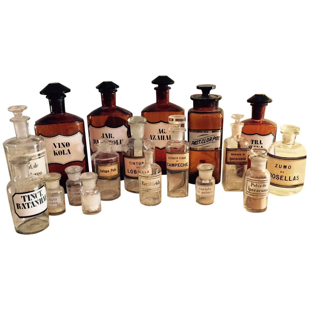 Collection of German and South American Apothecary Bottles, Early 20th Century For Sale
