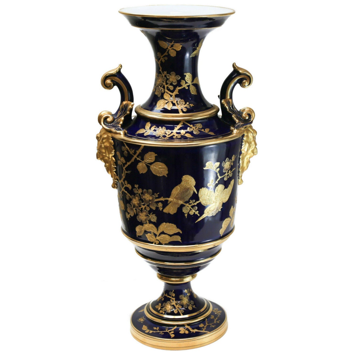 Pirkenhammer Cobalt Blue Porcelain and Gilt Double Handled Footed Vase