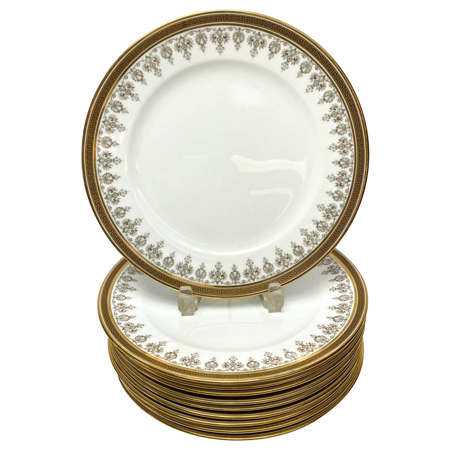 10 Cauldon for Tiffany & Co. Dinner Plates Gilt & Brown Greek Key Border, c 1910 For Sale