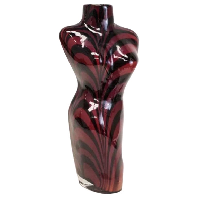 Italian Art Glass Female Torso Vase Maroon & Black Stripes, Mid Century For Sale