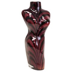 Vintage Italian Art Glass Female Torso Vase Maroon & Black Stripes, Mid Century