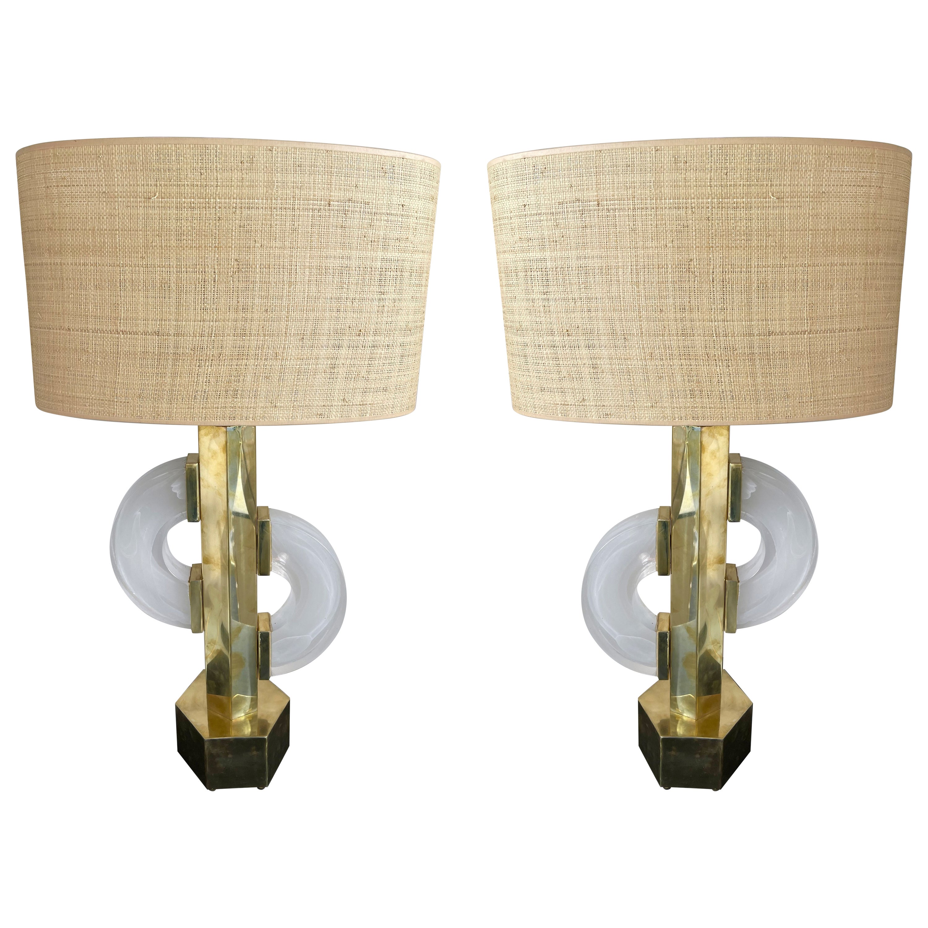 Contemporary Pair of Brass Double C Murano Glass Lamps, Italy