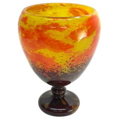 Vintage Charles Schneider French Art Glass Orange & Yellow Mottled Footed Vase