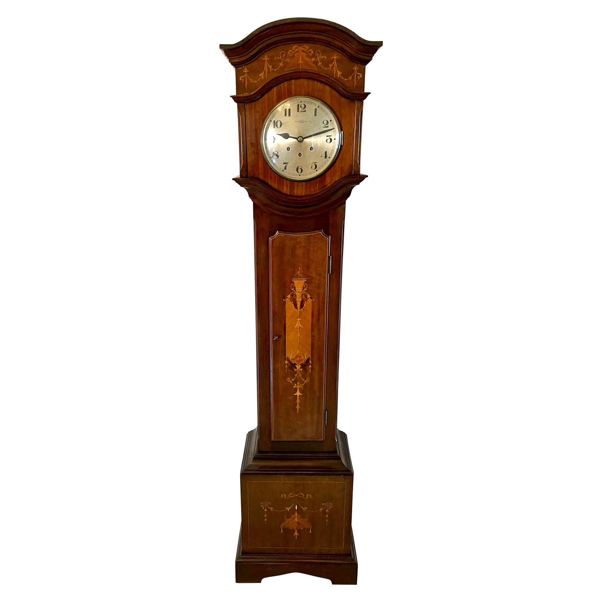 Unusual Antique Edwardian Quality Mahogany Marquetry Inlaid Grandmother Clock