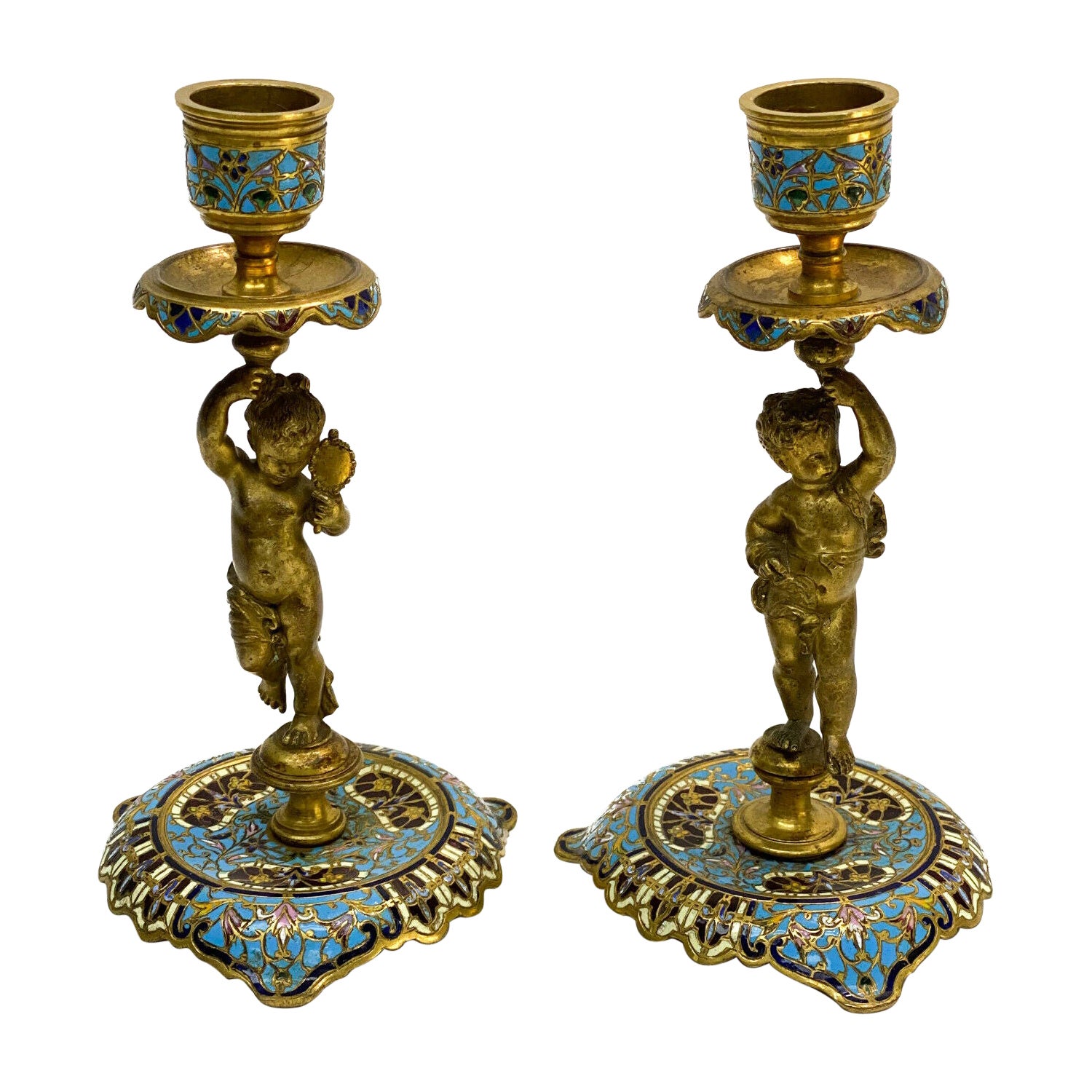 Pair of French Champleve Enamel Bronze Candlesticks, Late 19th Century