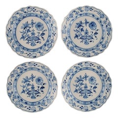 Four Antique Meissen Blue Onion Plates in Hand-Painted Porcelain, Approx. 1900