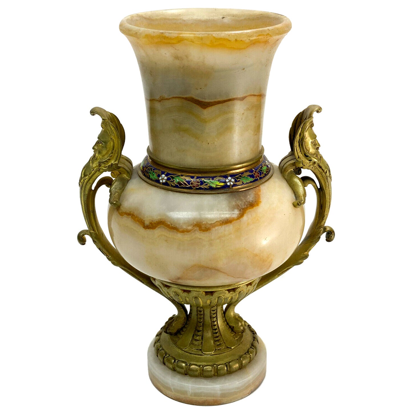 French Champleve Enamel and Beige Onyx Stone Bronze Mounted Urn, 19th Century For Sale