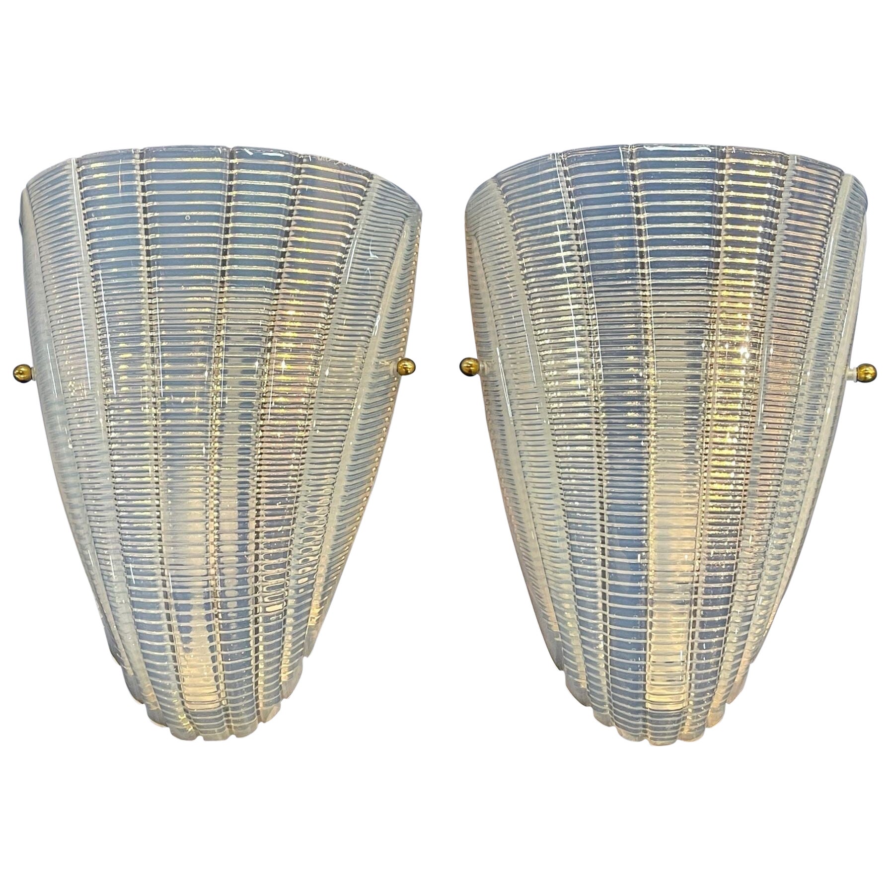 Pair of Vintage Murano Glass Opalescent Shell Form Sconces For Sale