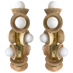 Zeitgenössisches Paar Lampen aus Messing-Opal-Muranoglas und Holz, Italien