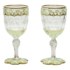 Pair Bohemian 3 Layer Green White Cut to Clear Glass Goblets, 19th Century