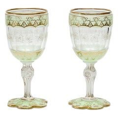 Antique Pair Bohemian 3 Layer Green White Cut to Clear Glass Goblets, 19th Century