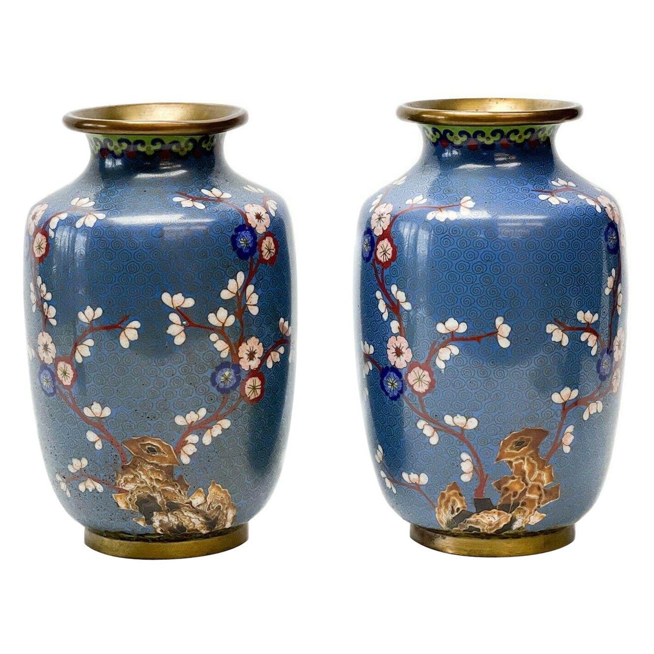 Pair of Chinese Cloisonne Enamel Enamel and Bronze Mounted Vases Penny Marshall For Sale