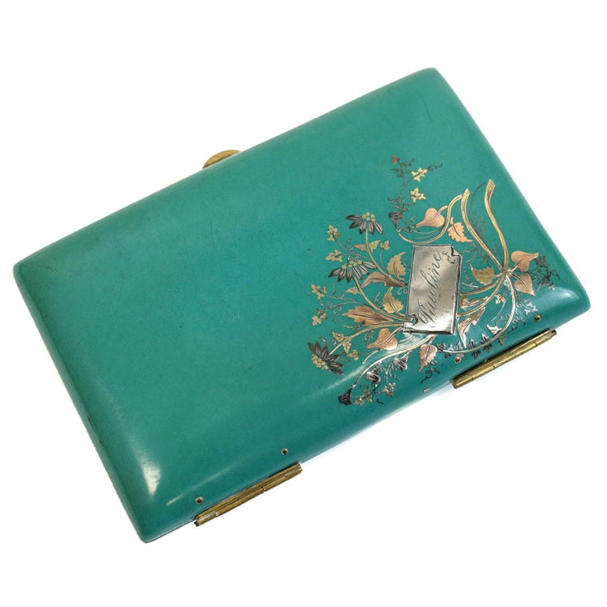 Continental Celluloid Mixed Metal Inlay Dance Card Case Holder 14k Gold Mounts For Sale