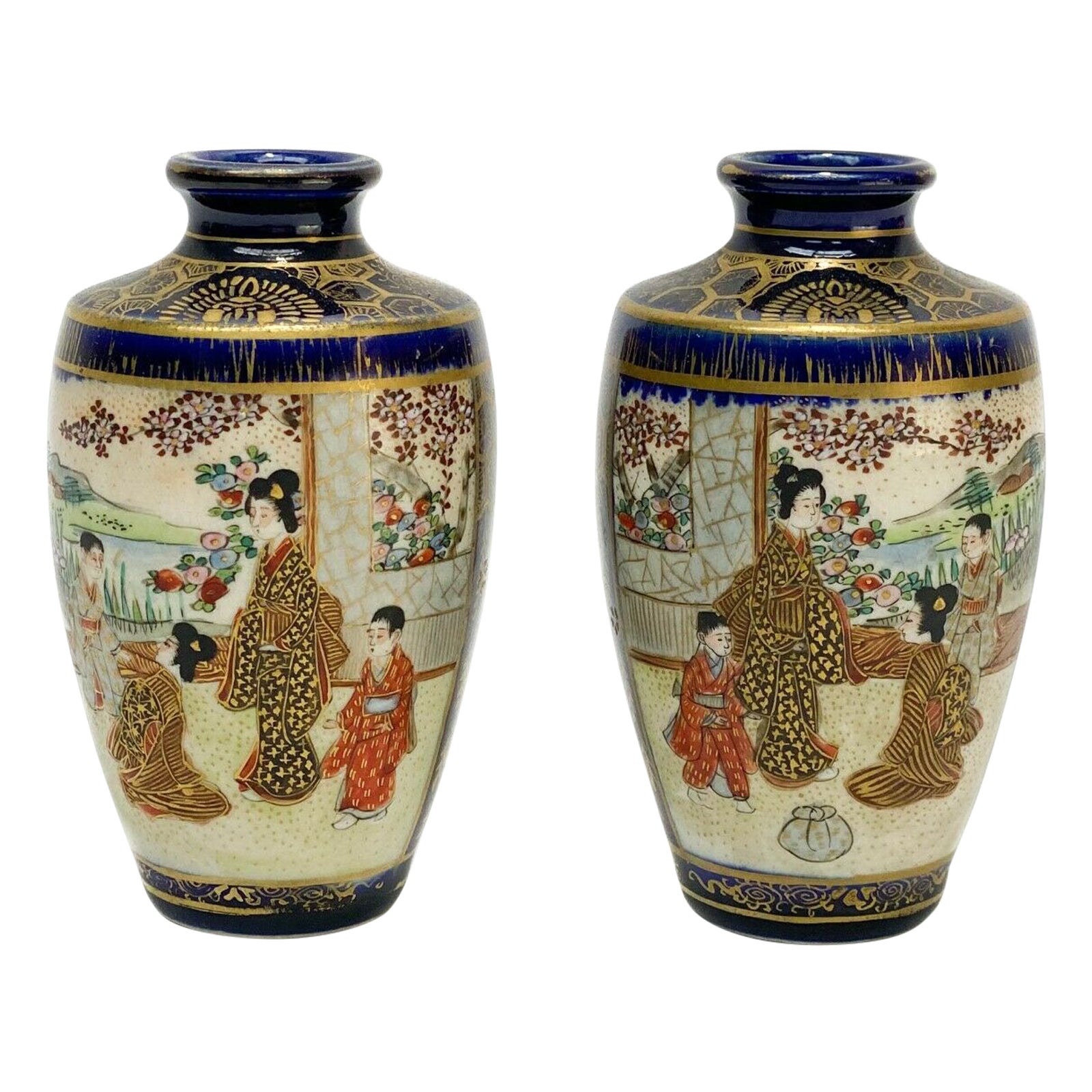 Pair of Japanese Satsuma Hand Painted Porcelain Miniature Vases, Meiji Period