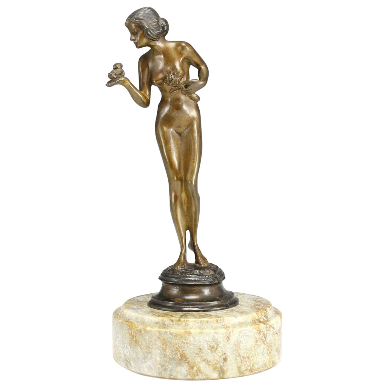 Fayral Art Deco Bronze “Nude Girl with Bird” Sculpture on Stone Base, Signed. For Sale