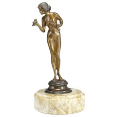 Fayral Art Deco Bronze “Nude Girl with Bird” Sculpture on Stone Base, Signed.